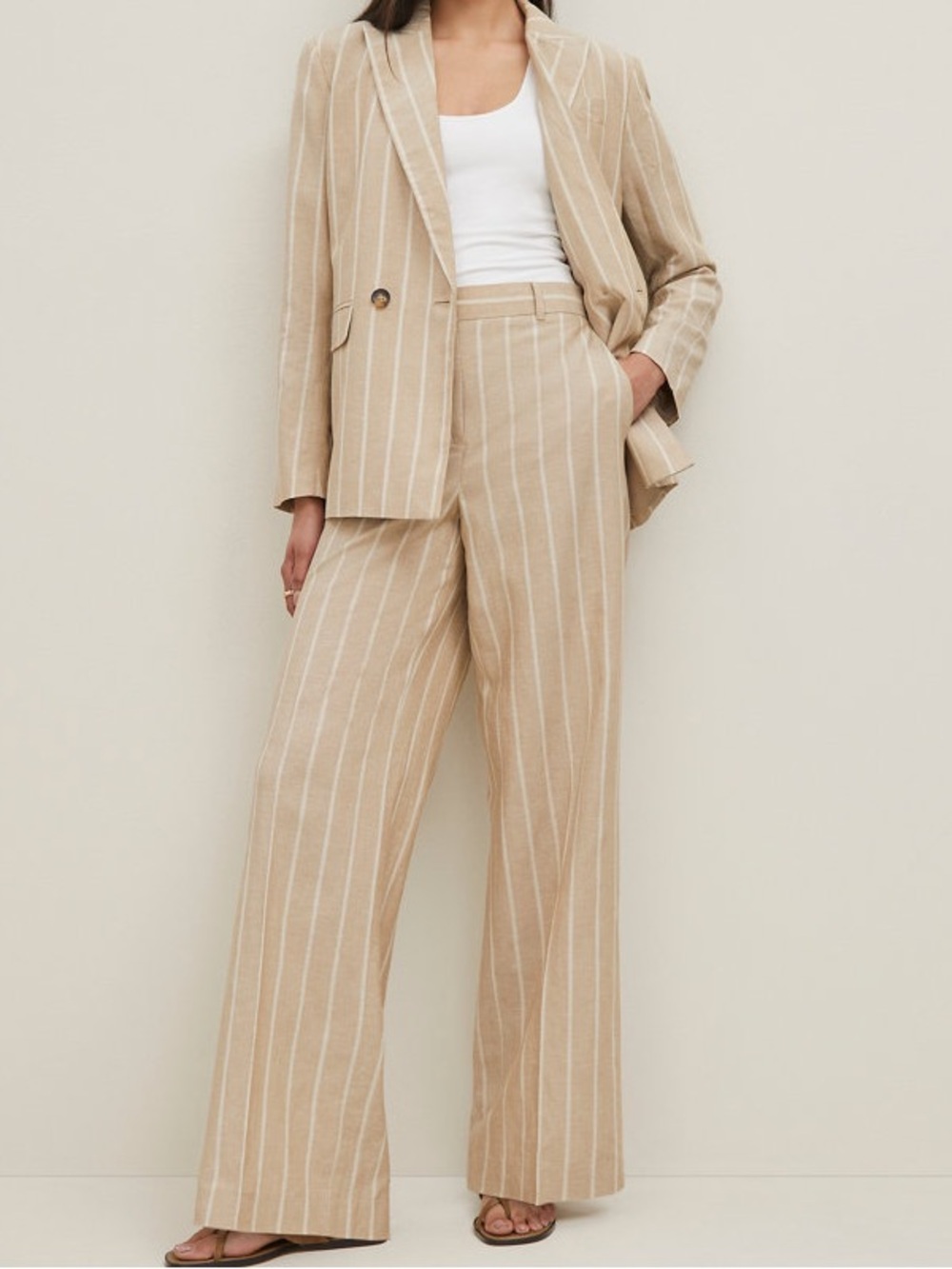 Ann Taylor Pinstipe Suit Double Breasted Blazer & Wide-Leg Pant Sandstorm Size 4